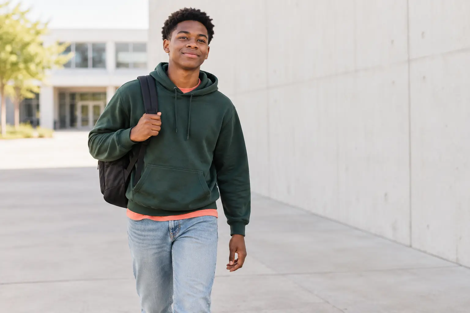 Un adolescent noir avance avec calme et assurance dans la cour de son établissement scolaire.