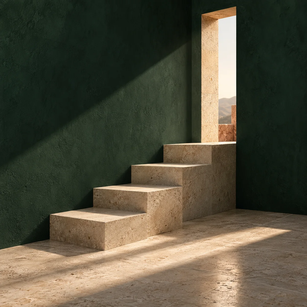 Escalier de pierre éclairé par une ouverture dans un mur vert profond, illustration de la progression.