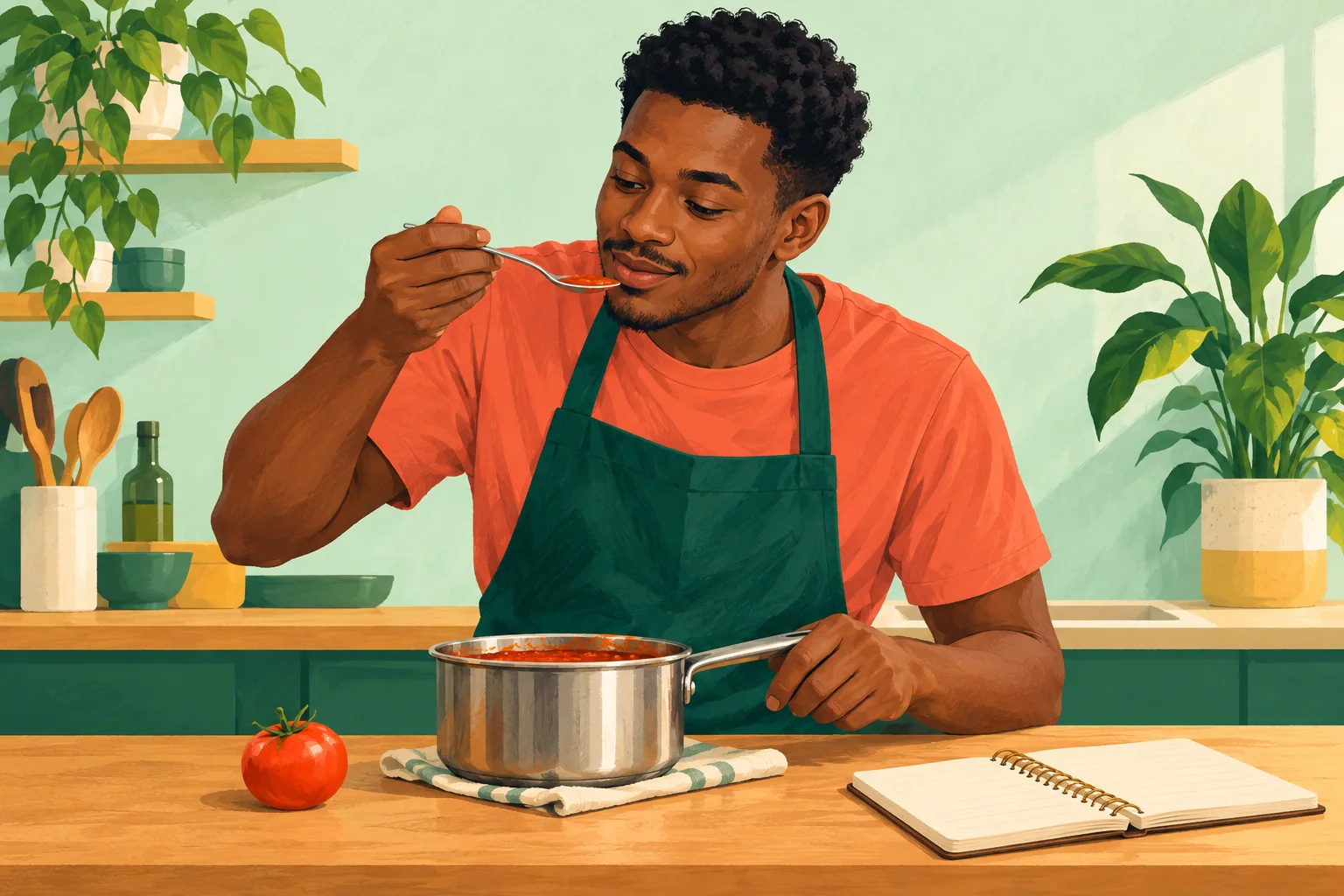Illustration de Malik goûtant une sauce lors d’un premier essai en cuisine.